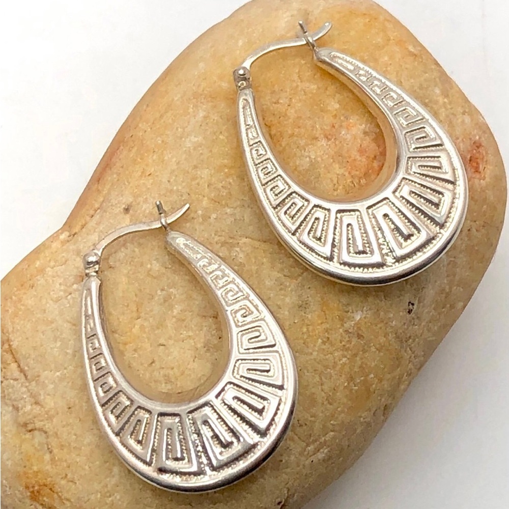 Vintage Greek Key Pattern Sterling Silver Hoop Earrings